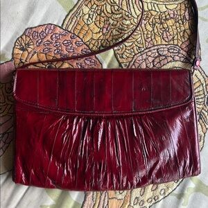 Vintage Made in Korea Genuine Eel Skin Burgundy Rouched Shoulder Bag/Clutch